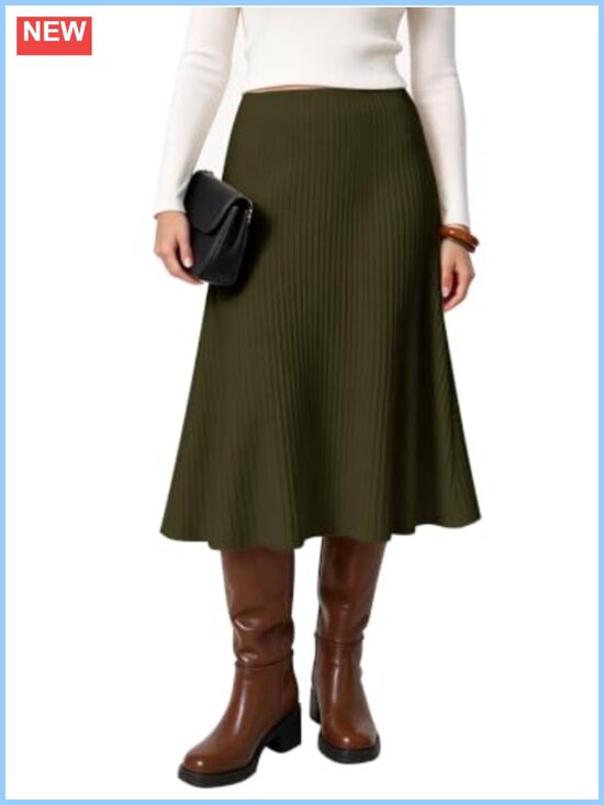 Dresses & Skirts - A-Line Flared Midi Skirt Stretchy Elastic Waist Wear to Work Casual